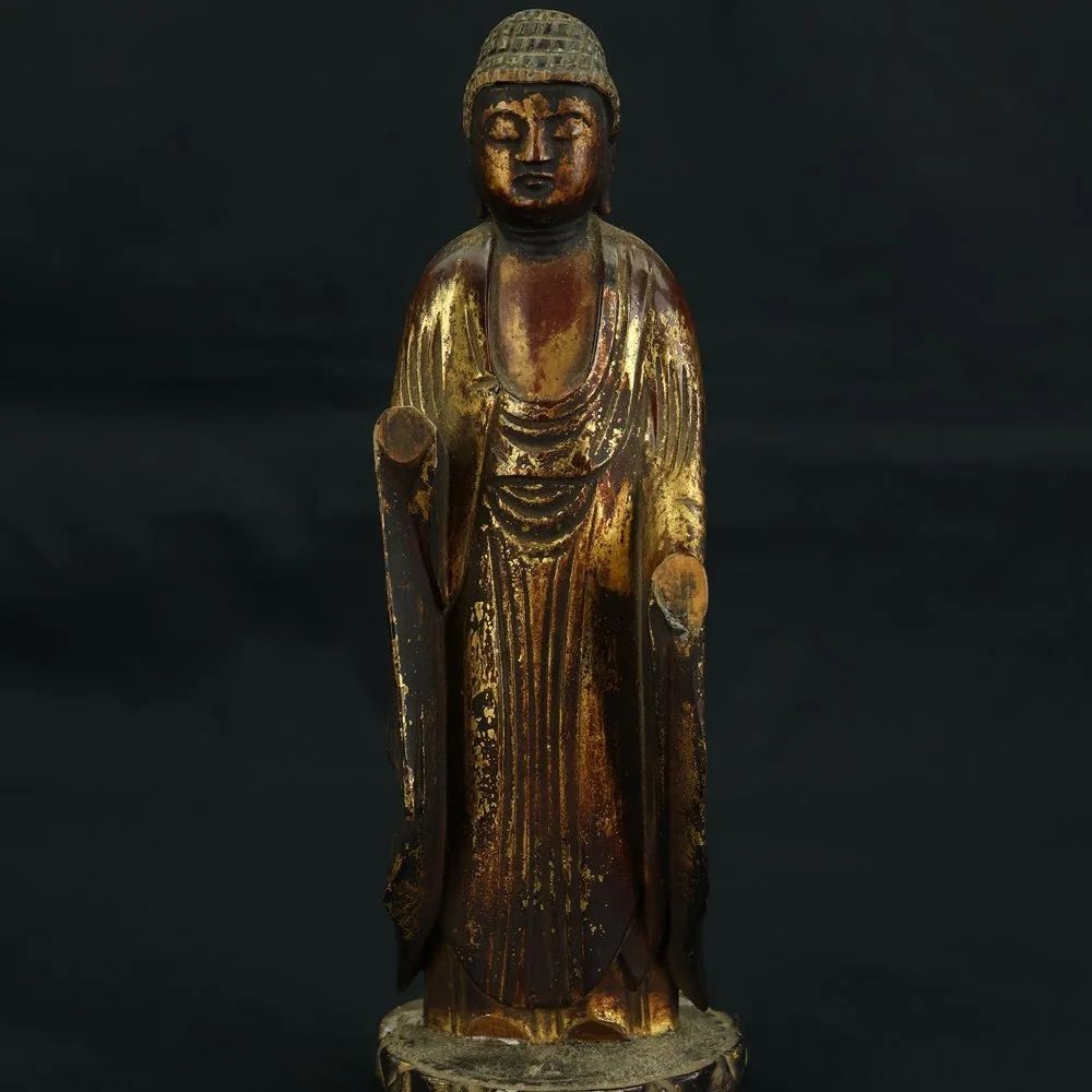 Gilded lacquered wooden statue buddhu Amida Nyorai 阿弥陀如来 (Amitābha) 22 cm, budhizmus – Japonsko