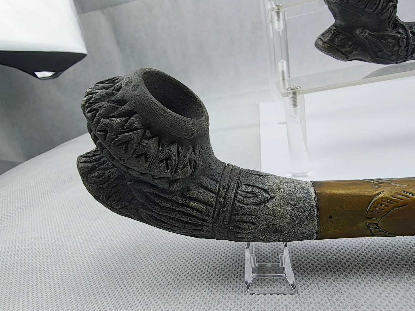 Large 54 cm opium pipe in terakoty and mosadze Myanmar